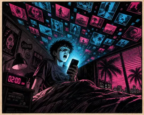 漫画：凌晨两点，一人在床上被手机屏幕照亮脸，四周飘浮着不断增殖的视频缩略图