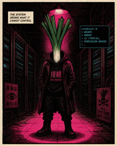 漫画：服务器机房里一个连帽身影，头部是一棵大葱