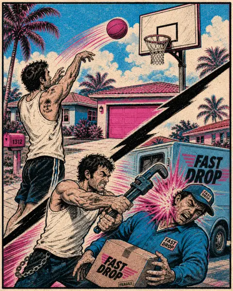 漫画：上半部分一人在车道投篮，下半部分同一人用管钳殴打送货司机
