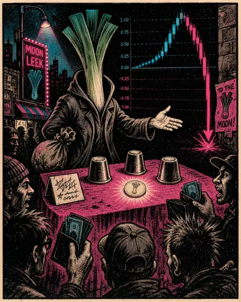 漫画：大葱头身影在街边摆三仙归洞赌局，背后是先涨后崩的 K 线图