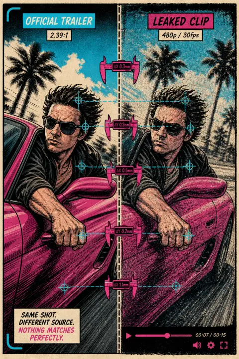 漫画：左右分屏对比官方预告与泄露素材中同一个抓车窗动作，中间用卡尺与十字线比对