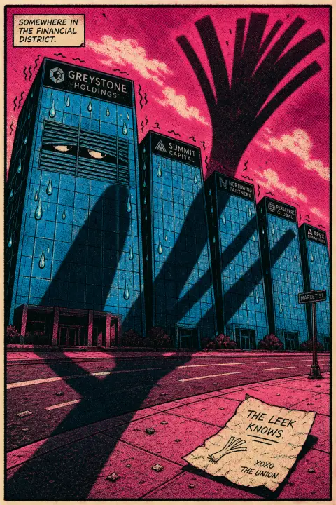 漫画：一排公司大楼在冷汗发抖，一个巨大的大葱阴影投在它们身上