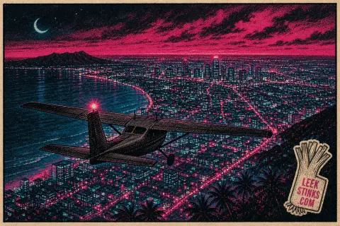 漫画：一架小飞机低空飞过夜里的霓虹城市，右下角盖着一个大葱形状的水印
