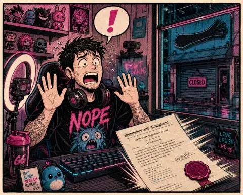 漫画：一个主播在直播间里举双手辩解，桌上刚滑来一份盖章的法院文书，窗外是已经拉下卷门的店面