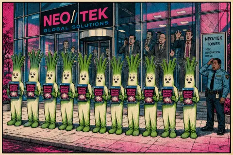 漫画：十个穿着大葱玩偶服的人排成一行站在写字楼门口，人人手捕一盒实体游戏光盘，玻璃门后的上班族面面相觑