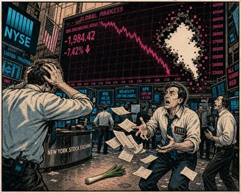 漫画：交易大厅里行情图直线下坠，屏幕上被撞出一大块缺口，交易员抱头，地上落着一棵大葱