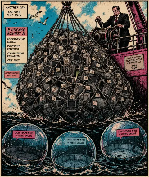 漫画：一张巨大的拖网从海里吐起，网里装的是几百台编了号的电脑，下方三个空了的聊天室气泡