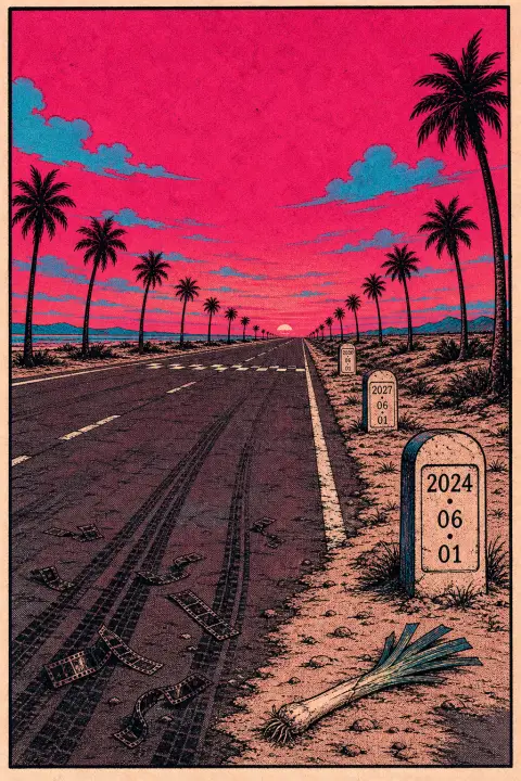 漫画：一条空旷的公路伸向地平线，路边立着三块标有日期的里程碑，远处是格子旗终点线，路肩上落着一棵大葱